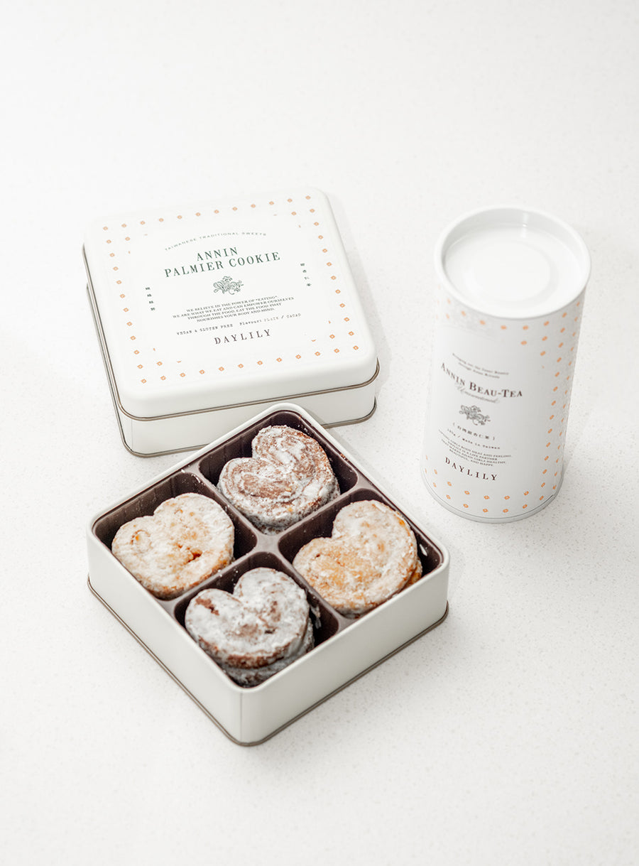 新品未開封 DAYLILY パルミエクッキー& EAT BEAU-TEA 台湾式 杏仁パルミエクッキー缶 Annin Palmier Cookie 甜杏仁茶蝴蝶酥